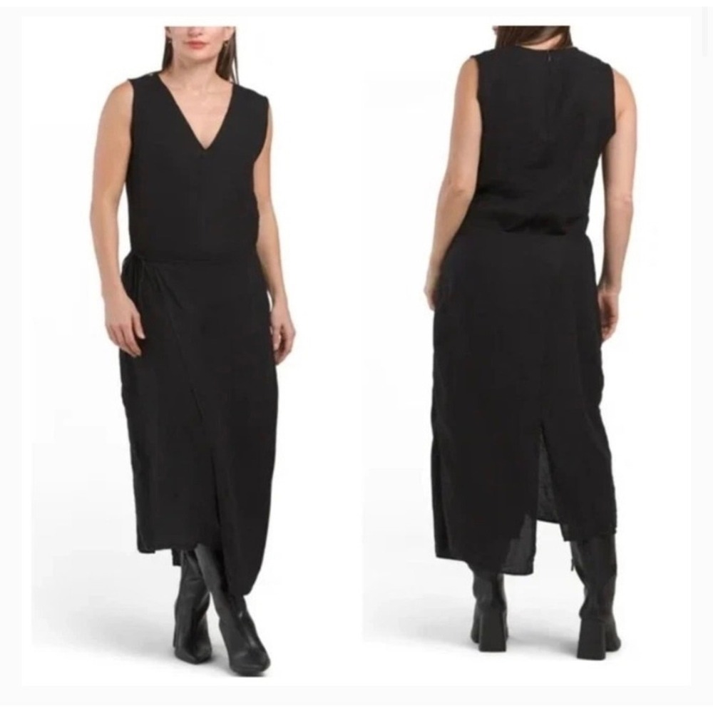 Zara The Marina Dress Black Linen Blend Sleeveless V-Neck Wrap Midi Dress Small